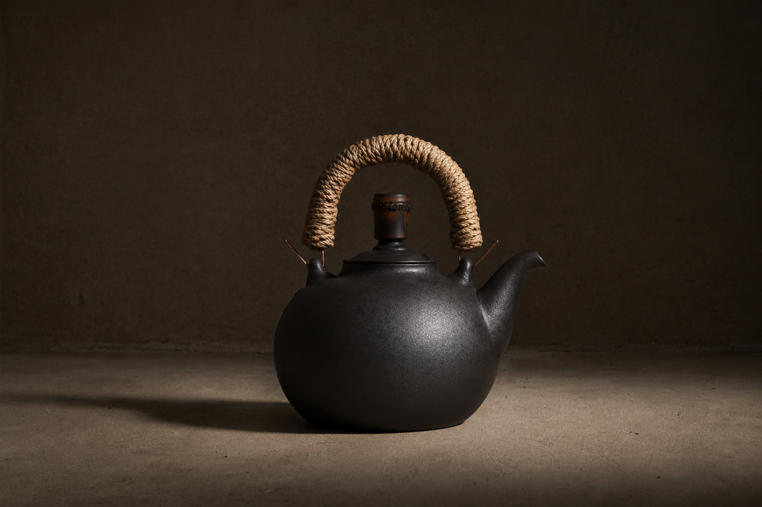 A matte black ceramic teapot with a natural woven straw handle, set against a dark, textured brown background.